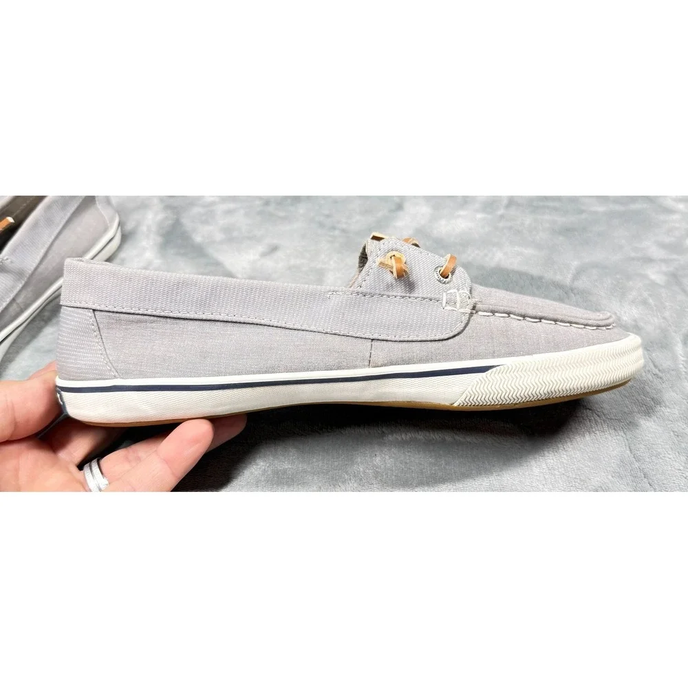 Sperry Boat Shoes Womens 8.5 Gray Canvas Leather Lace Slip On Casual